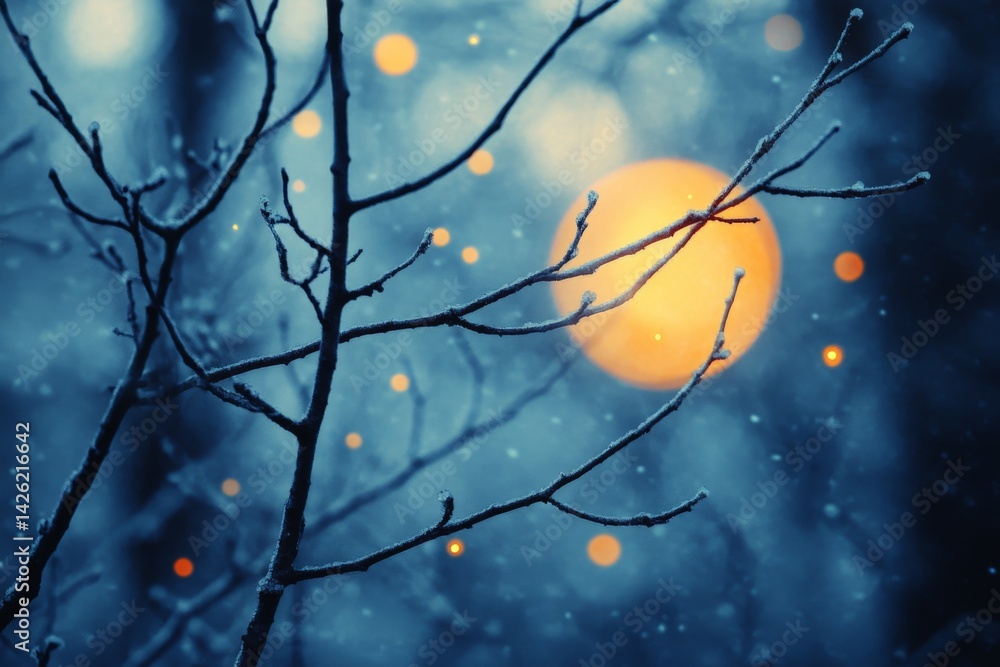 Aufkleber Winter twilight reflecting through frost-covered branches and falling snow in a serene forest setting