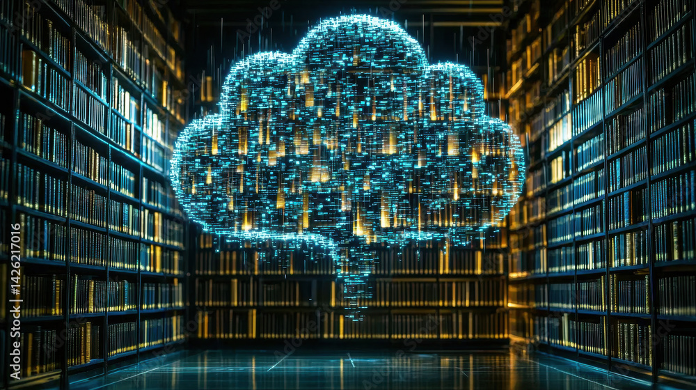 Poster symbolic artwork illustrates the contrast between data overload and limited learning with an ai clou