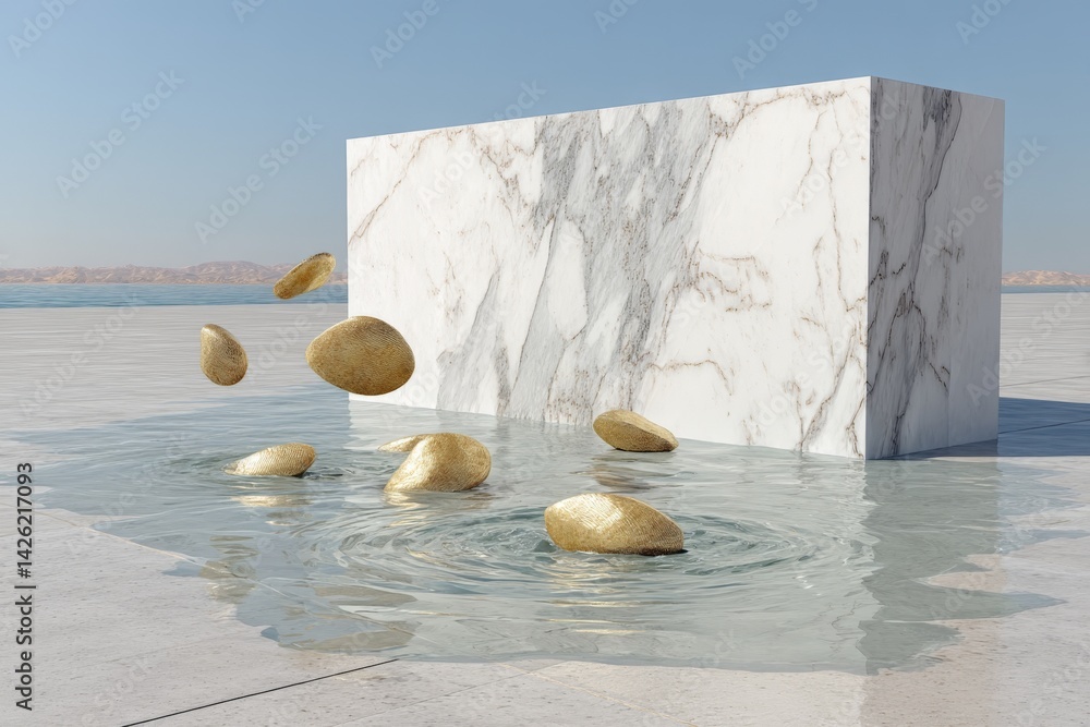 Aufkleber floating rocks create ripples around a marble block in a serene outdoor setting