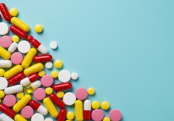 Obraz premium Flat lay of colorful pills scattered on pastel blue background symbolizing pharmaceutical care and modern medication