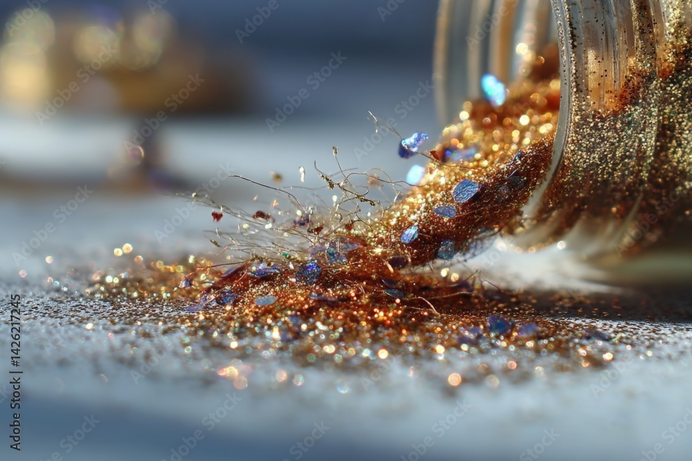 Aufkleber Glitter spills from a jar creating a shimmering mess on a surface during an afternoon crafting session