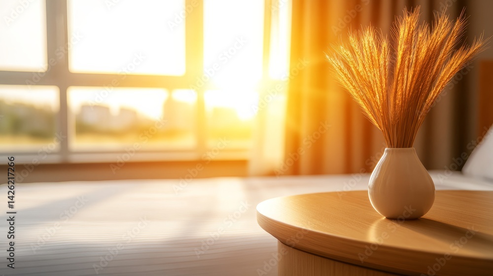 Aufkleber a wide-angle view of a bright bedroom features soft white bedding and a charming vase with decorativ
