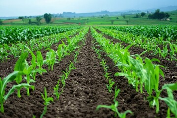 Young Corn Plants Growing in Rows Lush Green Agricultural Field Soil View Rural Crops Image Photo   