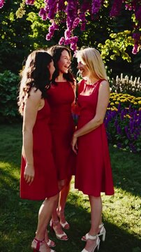 Three women in red dresses laugh in a sunlit garden. Captured from a low angle, the video conveys joy and friendship in a vibrant, natural setting.