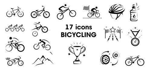 Vector 17 icons on the theme of cycling featuring bikes, competitions, and sports elements