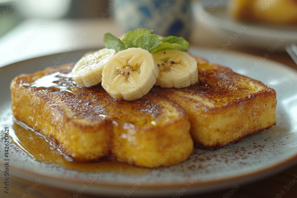 Poster delicious french toast topped with banana slices and syrup served in a cozy cafe setting