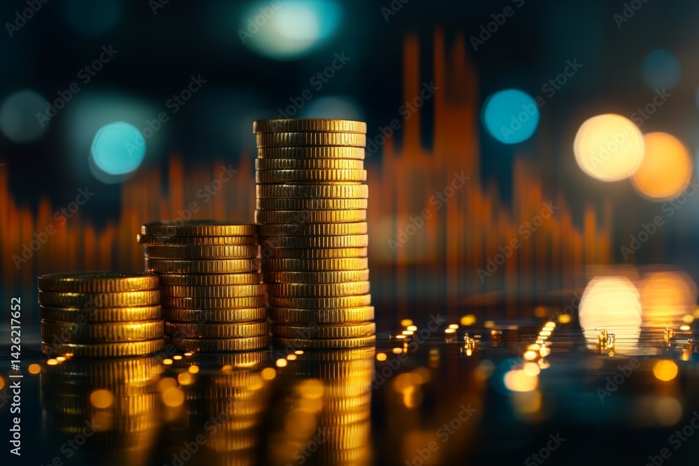 Poster stacks of golden coins reflecting city lights with financial graphs in the background during nightti