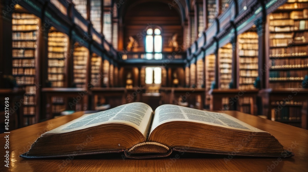 Poster an old book lying open on a wooden table in a grand library with towering bookshelves, evoking a sch