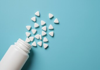 White triangular tablets spilling from bottle onto pastel blue background symbolizing minimal and modern pharmaceutical design