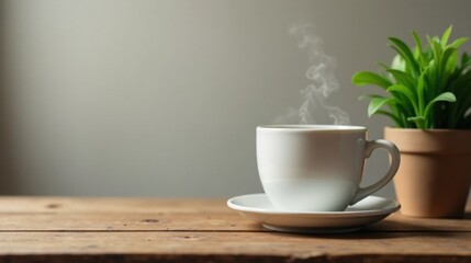Aromatic Steam Rising from a Warm Beverage in a White Mug on Rustic Wooden Tabletop Beside a Potted Plant