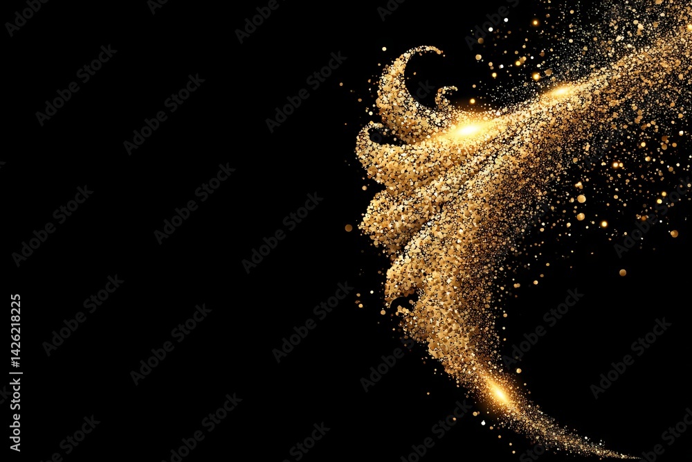 Poster Golden glitter swirl design creates a vibrant and dynamic visual effect on a dark background