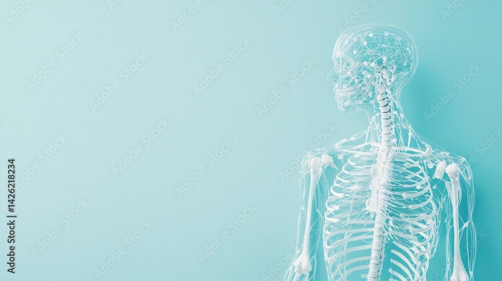 Poster an artificial human skeleton model stands under soft lighting, highlighting its intricate skeletal s