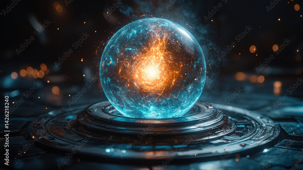 Poster symbolic representation of ai giving birth to super ai in a glowing digital cocoon within an abstrac