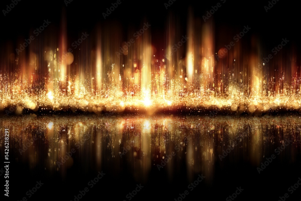 Poster vibrant golden lights creating a dazzling abstract design with a reflective surface at night
