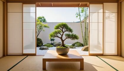 Modern interior design architecture photography: This interior photograph showcases a serene Japanese-style room featuring sliding doors that frame a meticulously crafted miniature garden with a bon
