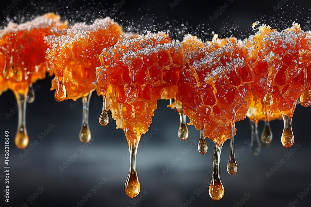 Poster Golden honey dripping from honeycomb in a close-up shot with a dark background highlighting the sweetness