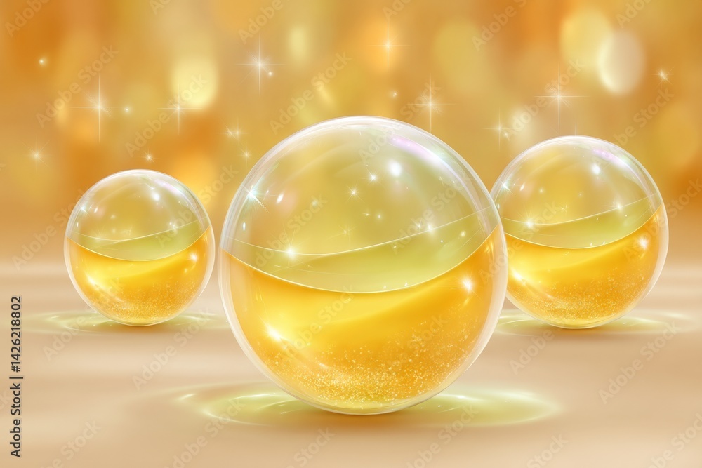 Poster Bubbles of golden liquid floating against a shimmering yellow background create a serene atmosphere of beauty and tranquility