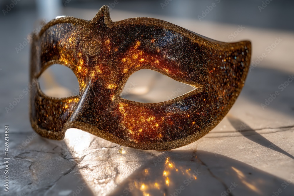 Poster sparkling gold masquerade mask resting on a marble surface during evening light reflection