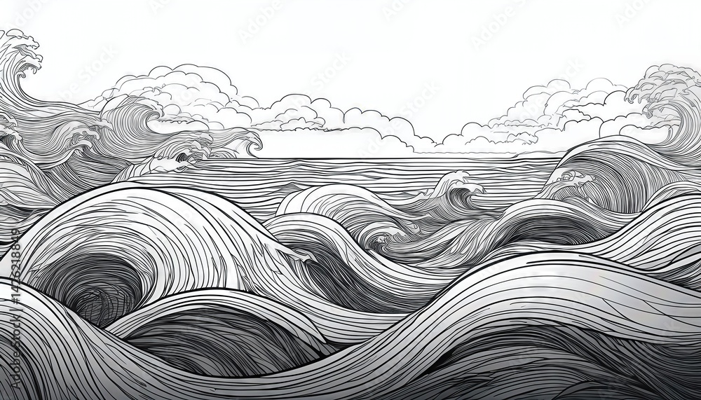 Poster intricate line drawing of rippling waves and swirling water patterns, capturing the dynamic energy o