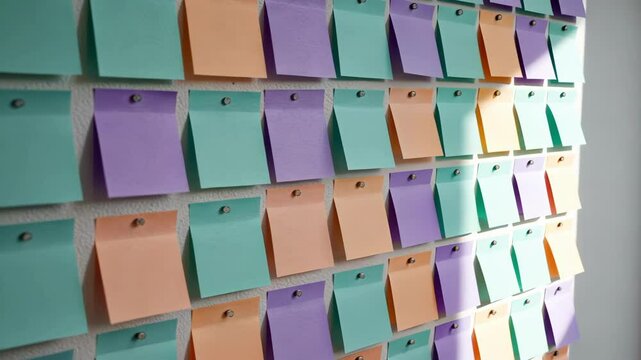 A colorful array of post-it notes on a wall, suggesting organization.