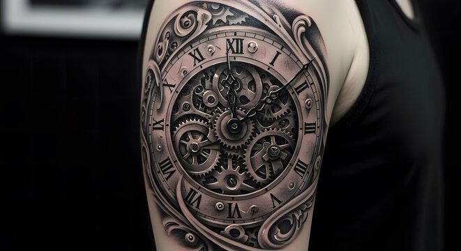 Clock Tattoo Design on Arm Showing Gears and Roman Numerals