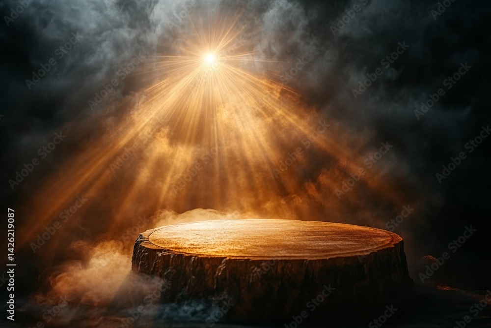 Poster mysterious light beams shine down on an isolated platform surrounded by fog in a dramatic landscape 