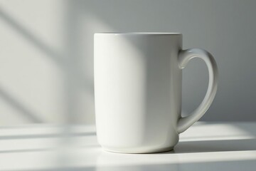 Classic white ceramic mug, handle detail visible , tableware, breakfast, background