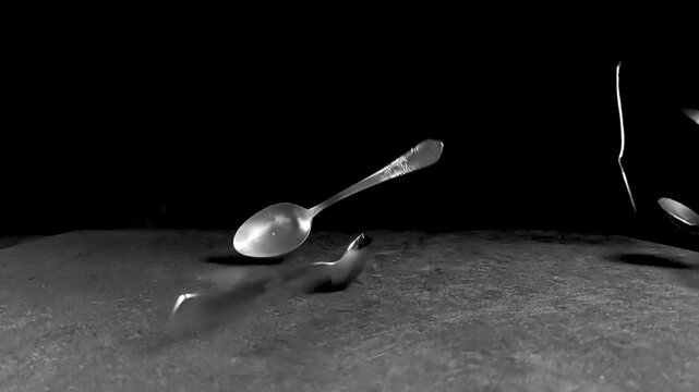 Metal spoons - cutlery. Steel spoons on black background. Slow motion