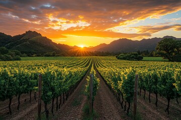Naklejka premium Scenic vineyard at sunset with rows of grapevines and mountains in the background
