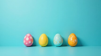 Pastel Easter Eggs on a Blue Background, Decorated with Delicate Floral Patterns, Arranged in a Row