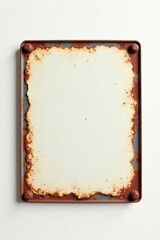 Rectangular rusty metal plate with a blank off-white center, ideal for adding text or design elements, showing signs of age and weathering