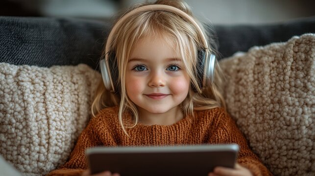 Happy Child in Cozy Sweater Listening to Music with Headphones