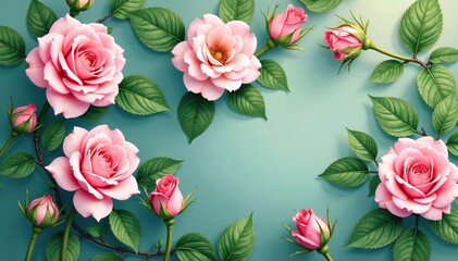 Delicate watercolor rose buds, lush green leaves Repeating wallpaper design , plant, summer, watercolor