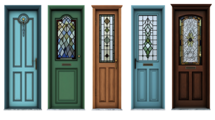 Vintage stained glass front doors collection in vibrant colors isolated on transparent background.