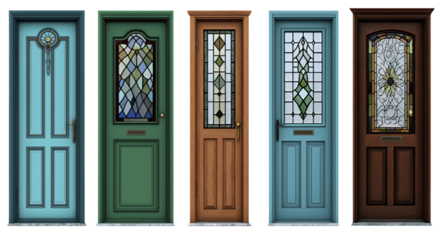 Vintage stained glass front doors collection in vibrant colors isolated on transparent background.