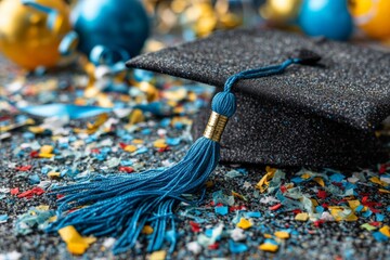 Obraz premium Celebrating a graduation with a cap adorned in blue tassel amid colorful confetti and festive decorations