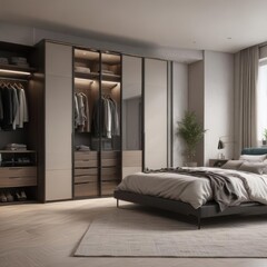 Modern bedroom with walk-in closet, sleek furniture,  tones,  storage