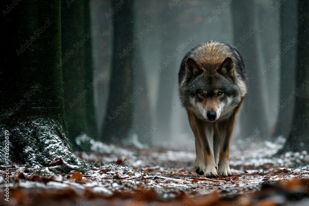 Poster wolf walking through a snowy forest with tall trees on a misty winter day