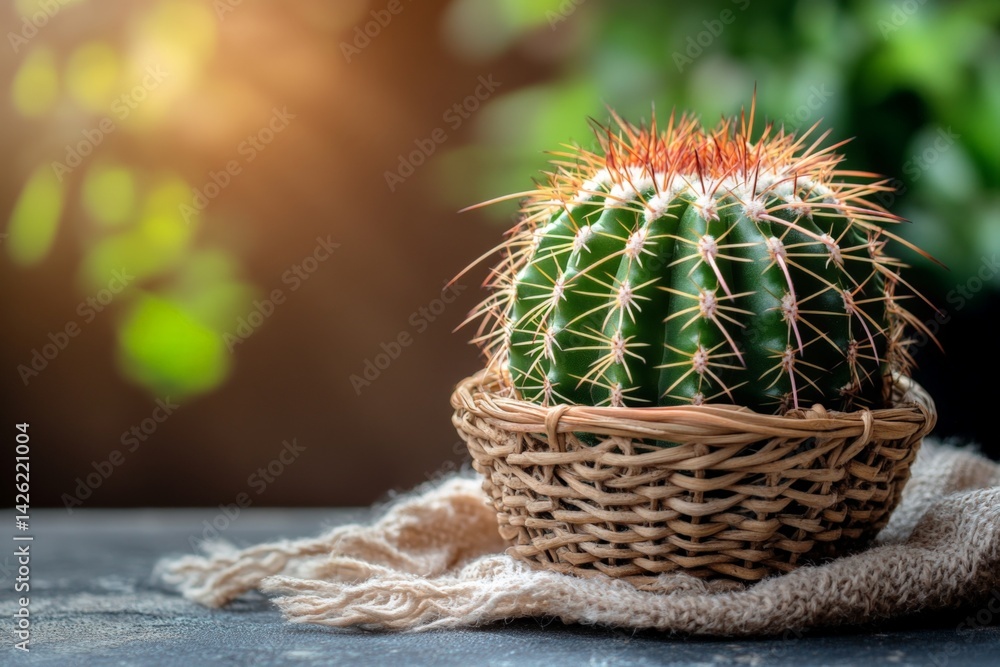 Poster Cactus in a woven basket placed on a textured surface with soft natural light filtering through greenery in the background
