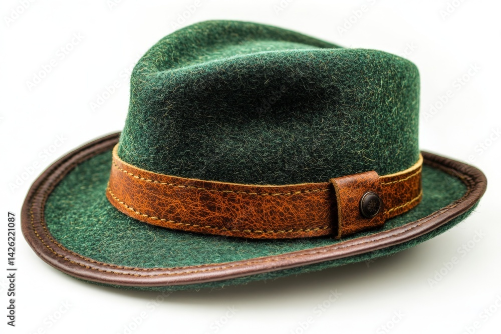 Poster green felt hat with leather band displayed on a plain background showcasing craftsmanship and style