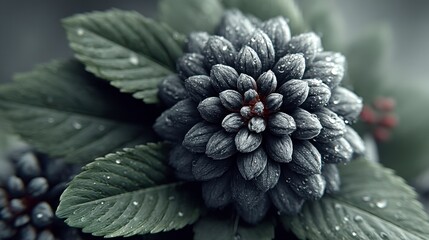 Dark Gray Textured Flower with Water Droplets and Green Leaves