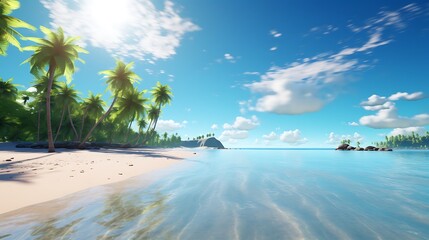 A tropical beach with white sand, turquoise water, and swaying palm trees.