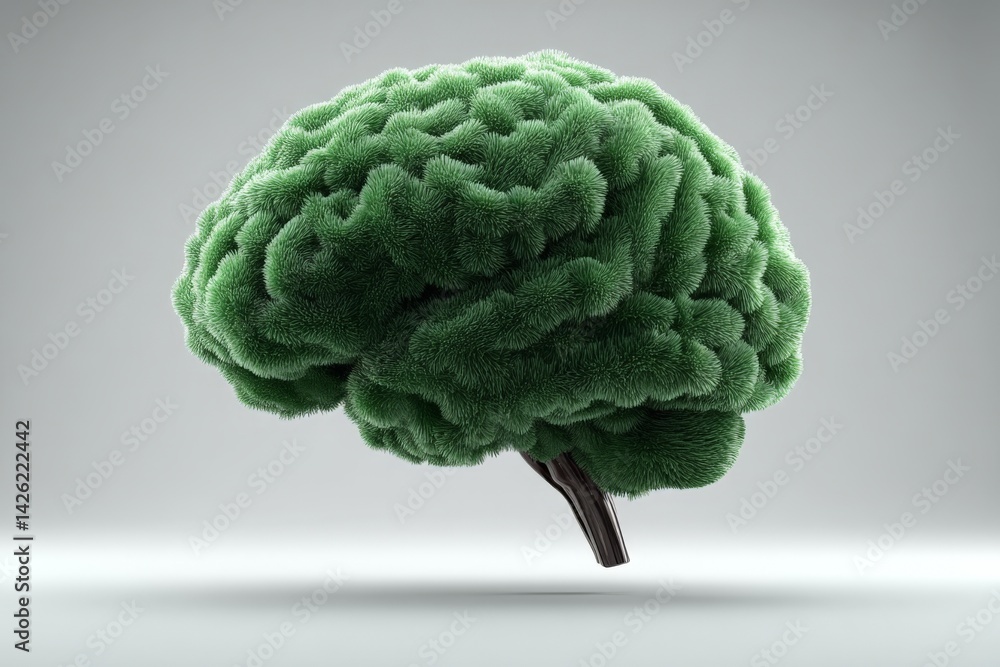 Poster creative representation of a green brain made of soft textures illustrating cognitive concepts in ar