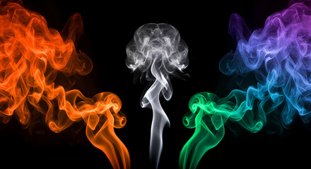 Swirling, translucent ribbons of color flow across a black background. On the left side, warm hues of orange and red blend and curve, with hints of yellow where they overlap. On the right,