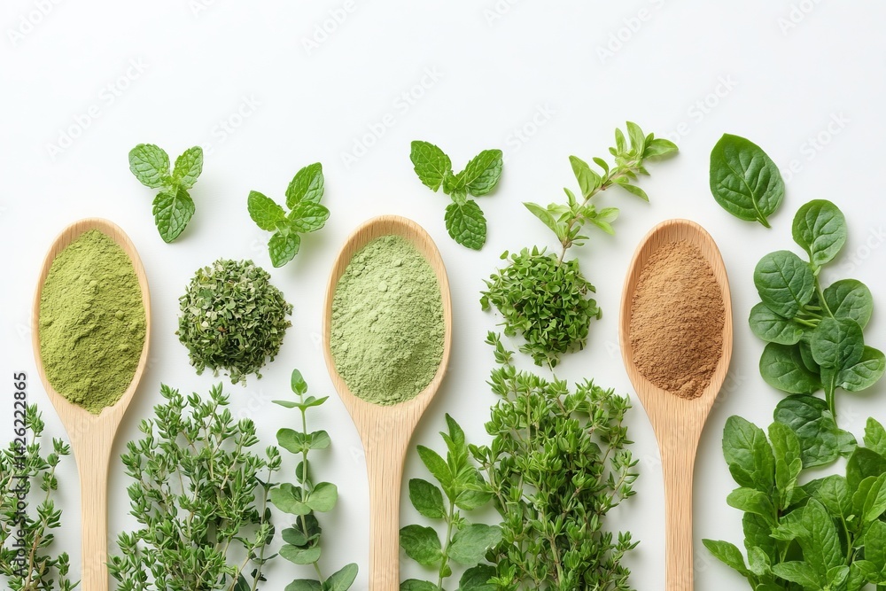 Poster variety of herbs and spices displayed on wooden spoons arranged neatly on a white background