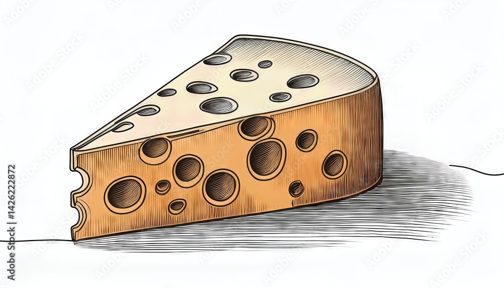 Poster single line art drawing sketch of a piece of cheese with holes continuous geometric pattern in black