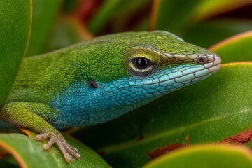 Fototapeta premium Vibrant green and blue lizard resting among lush tropical foliage during daylight hours