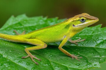 Fototapeta premium Green lizard resting on a large leaf in a tropical rainforest during daylight hours