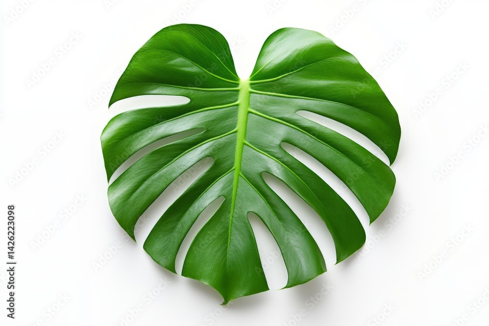 Poster Large green monstera leaf on a light background showcasing its unique shape and vein patterns in a minimalist style
