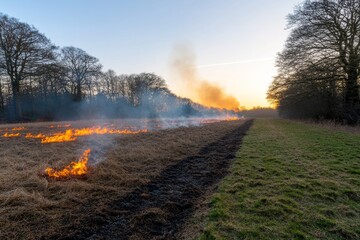 A controlled fire burns steadily in a field surrounded by trees, part of a prescribed burn to manage vegetation, with smoke rising into the clear sky